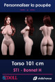 Torse silicone SEdoll ST1 de 107 cm, bonnet H, silhouette aux courbes prononcées, présenté en trois angles pour personnalisat