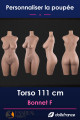 Torso silicone réaliste 111cm bonnet F FanReal, corps sans bras ni jambes à personnaliser, vue de face et de dos
