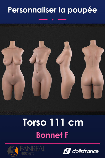 Torso silicone réaliste 111cm bonnet F FanReal, corps sans bras ni jambes à personnaliser, vue de face et de dos