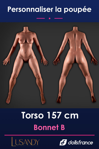 Corps silicone Lusandy 157 cm bonnet B, silhouette féminine à personnaliser, vue de face et dos