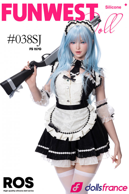 Poupée sexuelle silicone Alice 157cm bonnet G, cheveux bleus, tenue maid, série ROS FunWestDoll