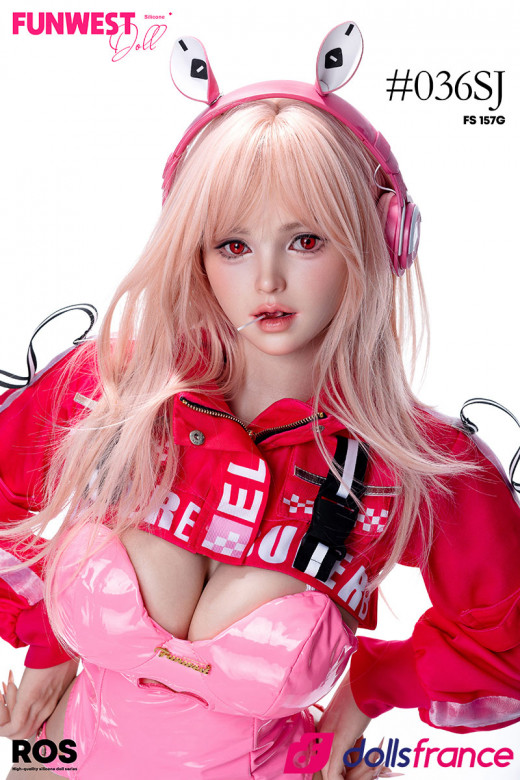 Lily sexdoll silicone 157cm bonnet G, tenue latex rose, oreilles de lapin, pose dynamique