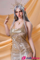 Poupée elfe silicone SEdoll 167cm bonnet F, cheveux gris argenté, robe dorée scintillante, oreilles pointues