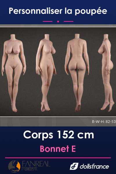 Corps de poupée silicone FanReal 152 cm bonnet E, silhouette aux courbes prononcées, sans tête ni cheveux, présenté pour pers